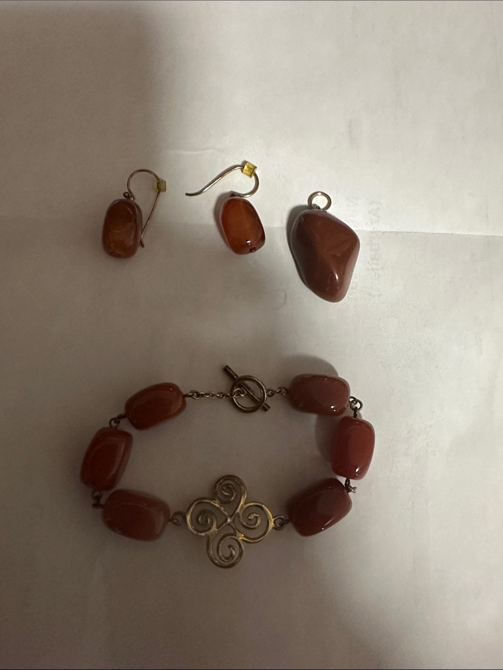 Handcrafted Brown Amber Bead Bracelet with Matching Earrings and Pendant